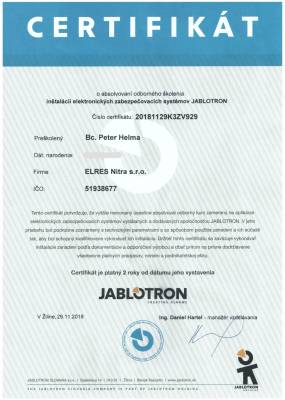 Certifikt JABLOTRON: Intalcia el. zabezpeovacch systmov