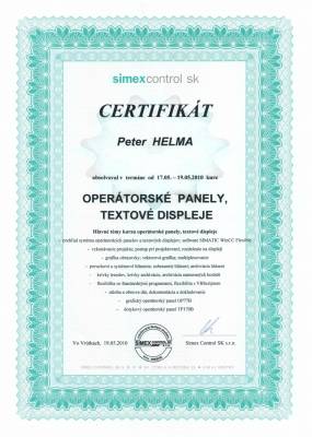 Certifikát Simex Control: Operátorské panely