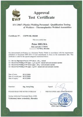 EU certificate EN 13067 Plastic welding personnel