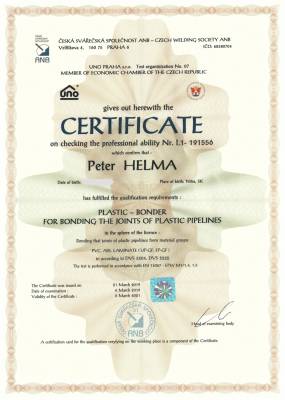 Certificate: Plastic Bonder ČSS ANB